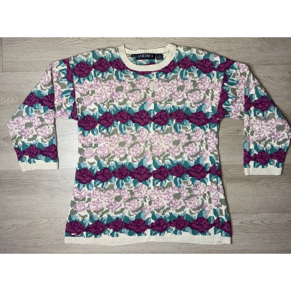 Vintage America Perry Ellis Floral Knit Sweater Women's Medium Ramie Cotton Pink